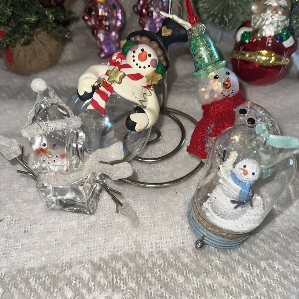 VTG Lot Of 4-Snowmen-1 Glitter Handblown 1-icecube 1-snowglobe1- Ceramic
